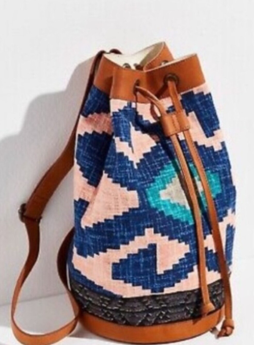 Free People Blue Pink Teal Woven Drawstring Backpack with Tan Trim
